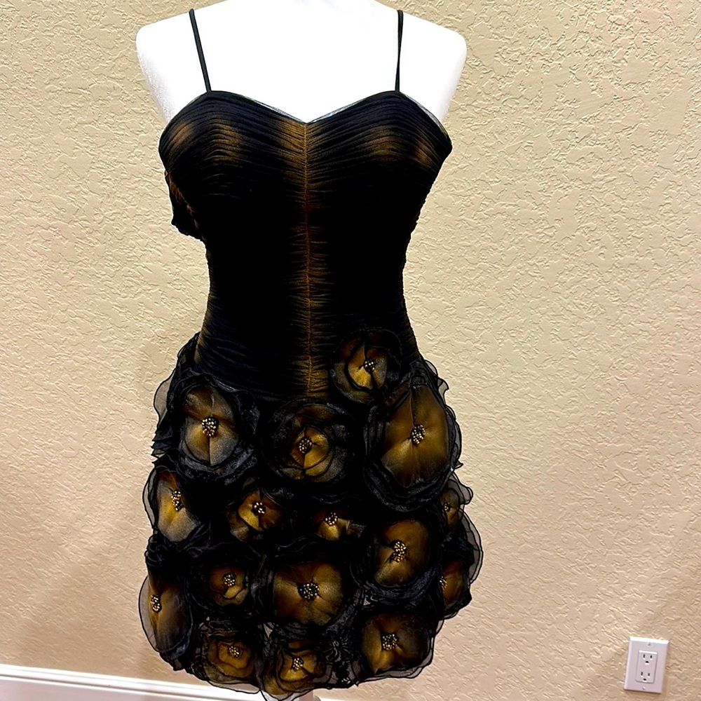 Jovani Cocktail Dress w/ 3D Flowers- Black & Gold